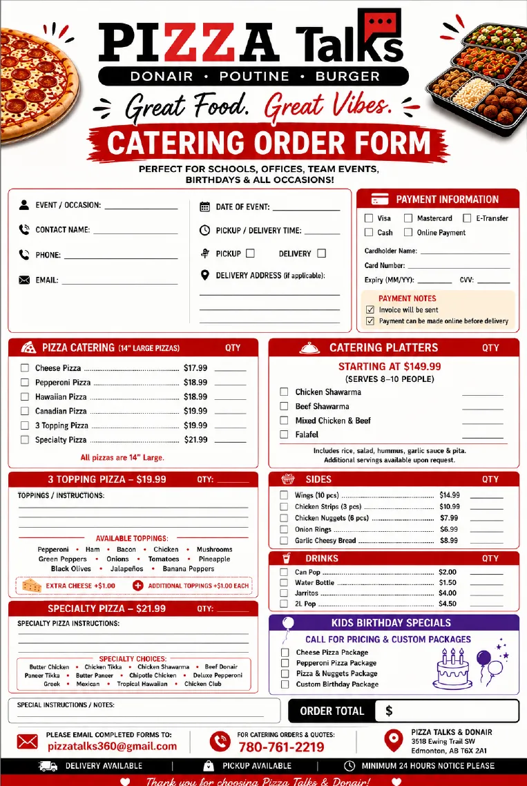 Pizza Talks & Donair catering order form with pizza catering, platters, sides, drinks and pricing